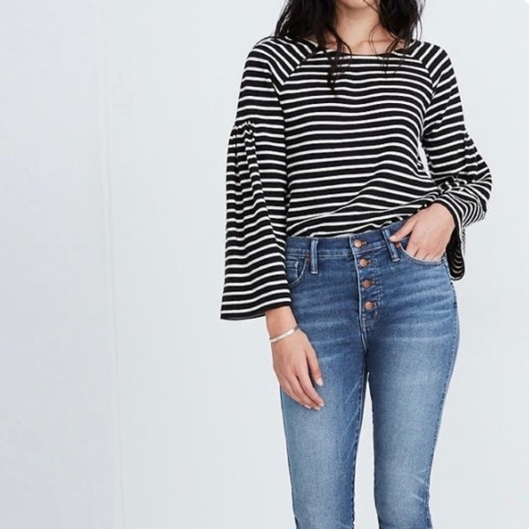 Madewell Tops - Madewell Black Stripe Shirred Sleeve Sailor Top SM